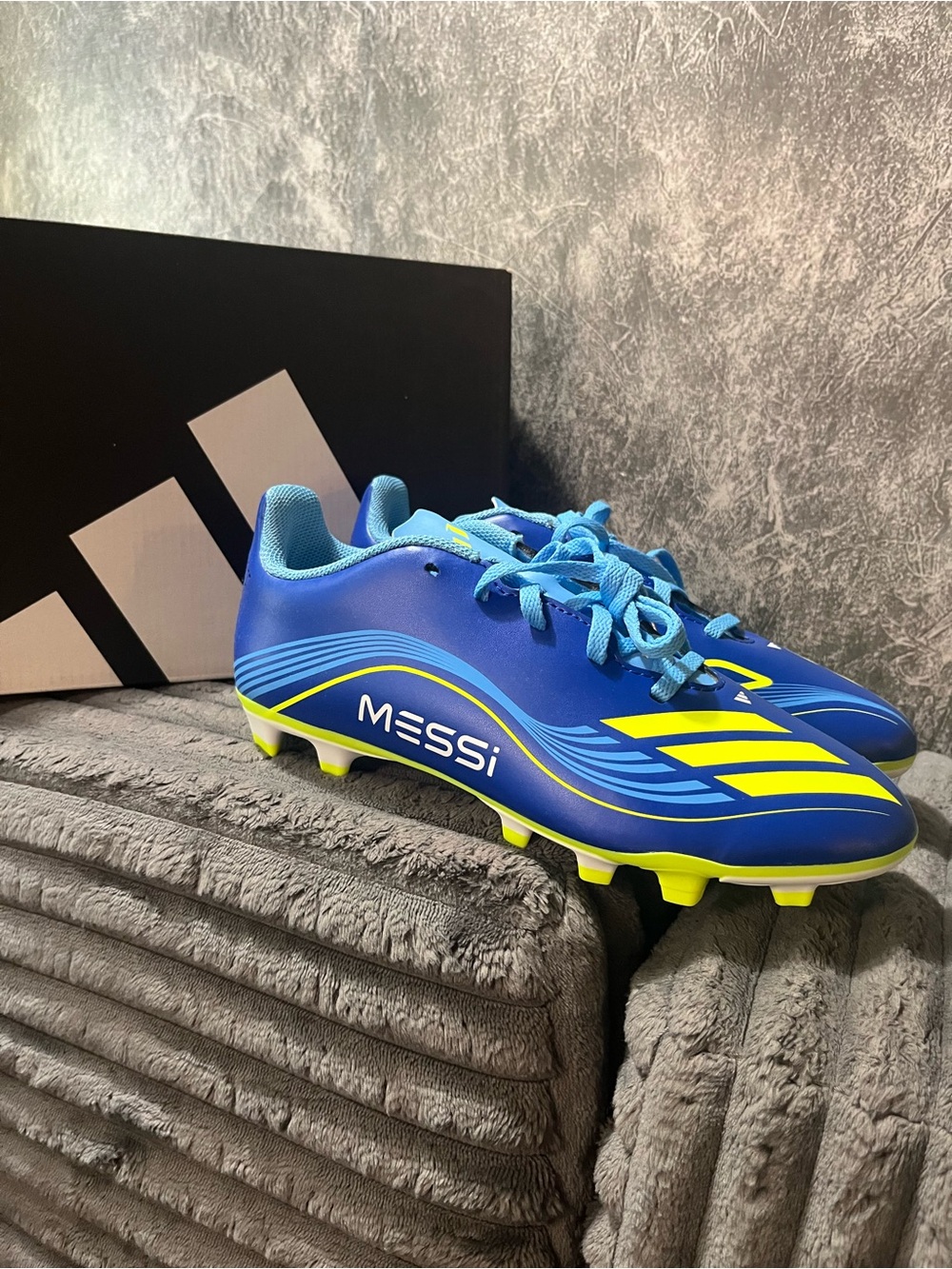 adidas Blue and Neon Yellow Messi Kids Soccer Cleats unisex 5